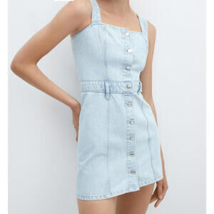 MNG Mango Light Blue Denim Overall Mini Dress Size 6 Casual Summer Boho Grunge